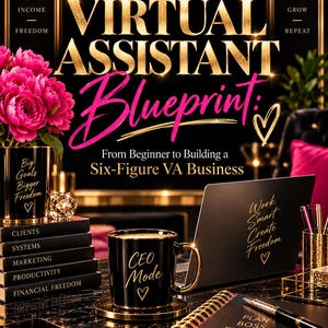 May include: A book cover titled The Virtual Assistant Blueprint: From Beginner to Building a Six-Figure VA Business by Diana Pearson. The black and gold design features a desk with a mug labelled CEO Mode, a laptop, a notebook, and pink flowers.