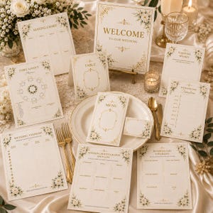 Elegant Floral Wedding Stationery Bundle, Invitation, Menu, Seating Chart, Table Planner & Day Templates