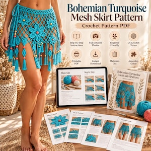 May include: A turquoise crochet mesh skirt featuring flower motifs and hanging tassels with wooden beads. The digital pattern includes step-by-step instructions, detailed photos, and a materials list for creating this bohemian style garment.