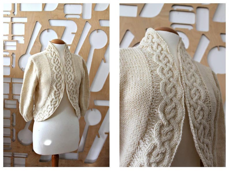 Aran cardigan Wool cardigan Organic wool Knitted jacket Short jacket Bridesmaid jacket Wool Cape Bridal Shrug Unbleached wool Boho Hippie