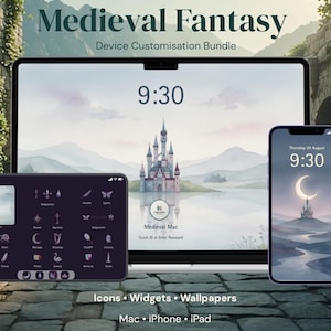 May include: A digital device customization bundle titled Medieval Fantasy featuring a laptop, tablet, and smartphone. The screens display a castle wallpaper, app icons, and widgets with a cohesive theme. Text includes Medieval Fantasy, Device Customisation Bundle, Icons, Widgets, Wallpapers, Mac, iPhone, iPad.