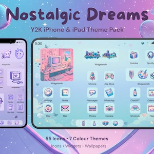 May include: A digital theme pack titled Nostalgic Dreams Y2K iPhone & iPad Theme Pack featuring 55 icons, 7 color themes, widgets, and wallpapers. The display shows a smartphone and tablet interface with pastel blue and purple icons and graphics.