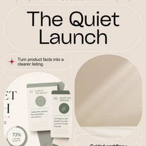 Könnte beinhalten: Eine beige Grafik mit dem Text Listing & Brand Studio und The Quiet Launch. Sie enthält einen kreisförmigen Einsatz mit zwei weißen Karten mit grünen Akzenten, beschriftet mit 01 Clarify the Basics und 02 Shape Your Message, sowie ein 73% Diagramm.