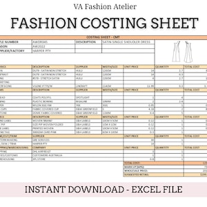 Hoja de costos de fabricación de moda - Personalizable - Hoja de especificaciones de Excel Estándar de la industria