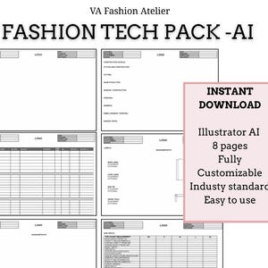 Tech Pack Template for Fashion Manufacturing - Customizable - Illustrator AI Spec Sheet Industry standard 8 pages