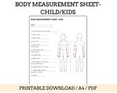 Kid's Body Measurement Sheet - Fashion Sewing Measurement Sheet  - Blank Pdf file A4 Printable