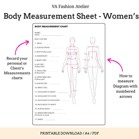 Women's Body Measurement Sheet - Fashion Sewing Measurement Sheet  - Blank Pdf file A4 Printable