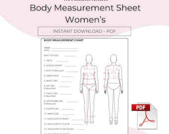 Puede incluir: Una hoja de medición corporal para mujeres, con una tabla detallada para registrar las medidas corporales. La hoja incluye diagramas de la forma humana y está disponible como descarga instantánea en PDF. El texto "Body Measurement Sheet" se muestra de forma destacada.
