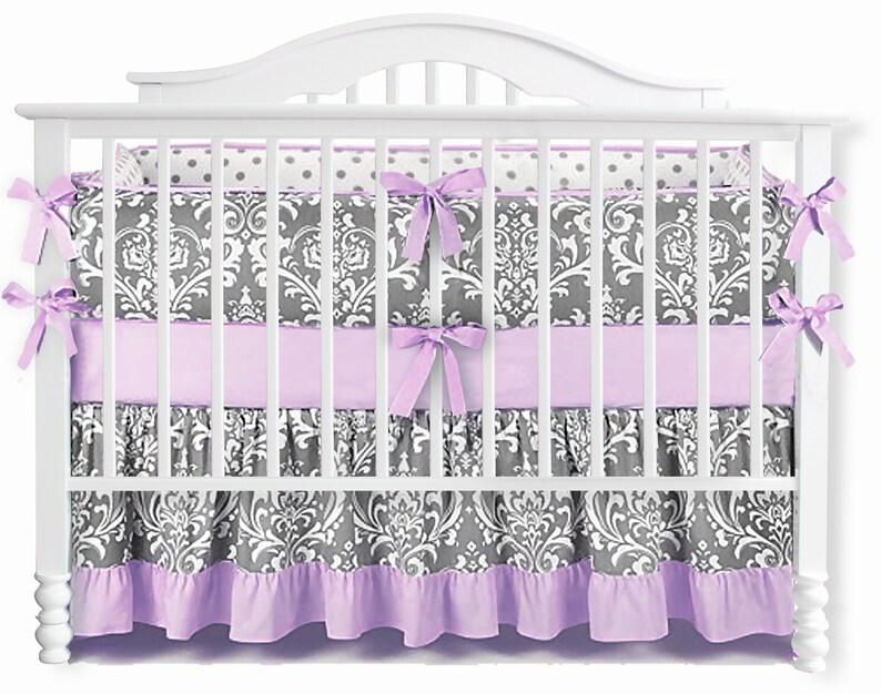 Grey Purple Ruffle Damask Crib Bedding Set Nursery Bedding Etsy