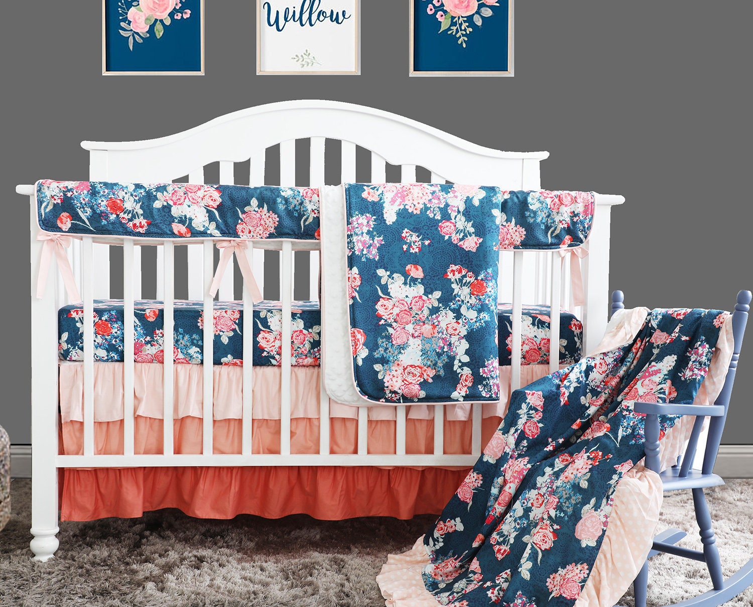 3 pcs Set Coral Navy Floral Baby Crib Bedding Set Minky Blanket Peach Navy Floral Girl Crib Set Floral Ruffled Crib Skirt 3 pcs Set Coral Navy Floral Baby Crib Bedding Set Minky Blanket Peach Navy Floral Girl Crib Set Floral Ruffled Crib Skirt