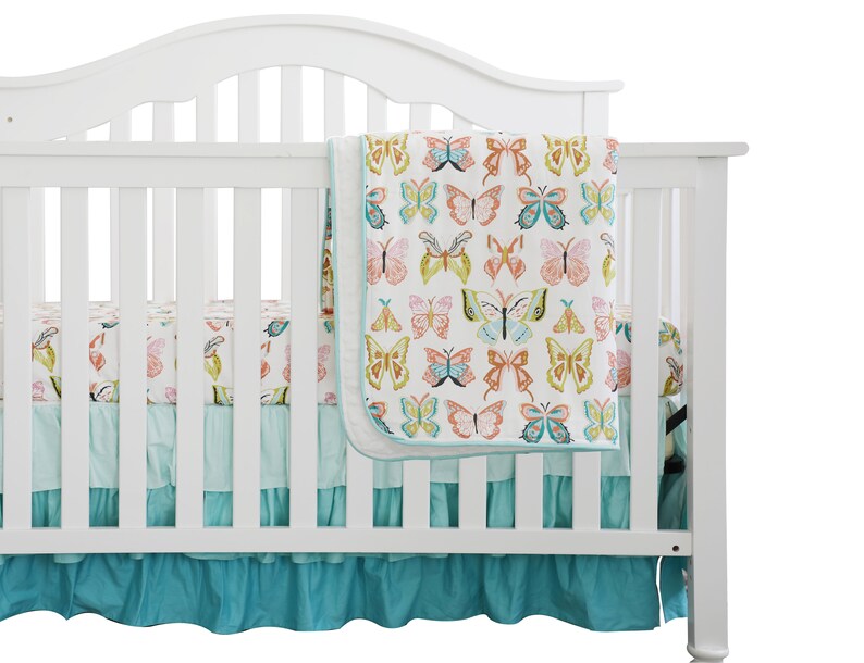 Aqua Blue Butterfly Floral Ruffle Baby Crib Bedding Set Minky Etsy
