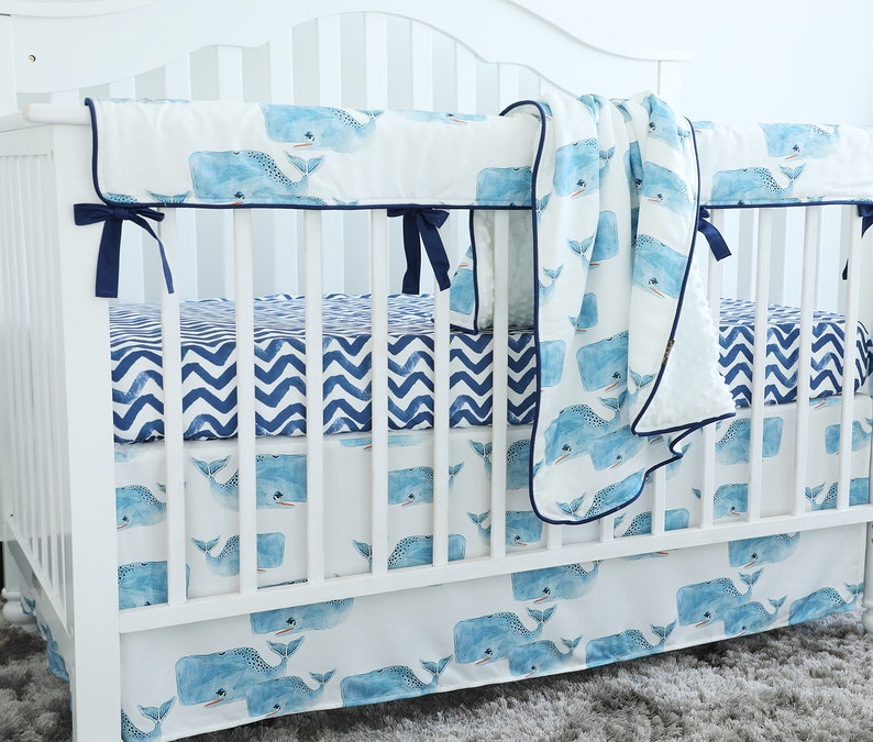 Baby Boy Blue Whale Crib Bedding Set Minky Blanket Skirt Etsy