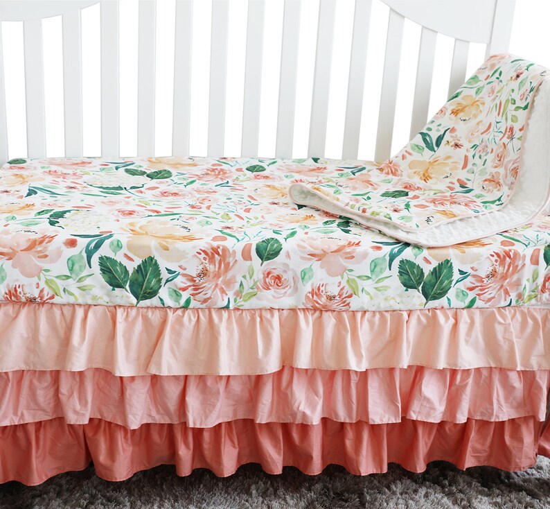 BOHO Peach Coral Floral Ruffle Baby Crib Bedding Set. Minky Etsy