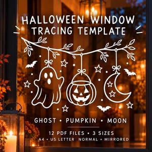 May include: A white line art Halloween window tracing template featuring a ghost, a jack-o'-lantern, and a crescent moon hanging from a branch. Text includes HALLOWEEN WINDOW TRACING TEMPLATE, GHOST, PUMPKIN, MOON, 12 PDF FILES, 3 SIZES, A4, US LETTER, NORMAL, and MIRRORED.