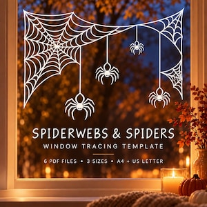 Halloween Spiderwebs and Spiders Window Tracing Template, 3 Sizes, A4 and US Letter PDFs