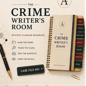 Pode incluir: Um caderno de planejamento de mistérios em espiral intitulado The Crime Writer's Room com capa bege, elástico preto e divisórias escuras rotuladas como Case, Suspects, Investigation, Evidence, Timeline e Reveal. Inclui uma caneta preta e uma etiqueta Case File 001.