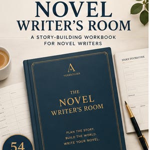 Pode incluir: Um caderno de exercícios de capa dura azul-escuro intitulado The Novel Writer's Room com letras douradas e um emblema de 54 páginas. A capa inclui o texto Plan the story. Build the world. Write your novel. Exibido com páginas abertas e uma caneta preta.
