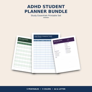 May include: ADHD Student Planner Bundle printable set featuring three pages: a green Weekly Class Schedule, a blue Study Planner & Assignment Tracker, and a purple Exam Prep Checklist. The text includes 5 Printables, 5 Colours, and A4 & Letter.