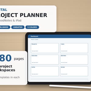 May include: A digital project planner for GoodNotes and iPad featuring 180 pages, 12 project workspaces, and 14 templates in each. The dashboard displays sections for projects, tasks, deadlines, meetings, notes, and reviews with a stylus below.