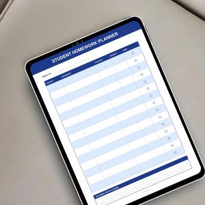 May include: A digital tablet displaying a student homework planner template with a dark blue header and light blue rows. The layout includes columns for subject, assignment, due date, priority, and a checkbox column labelled done, plus a section for exams.