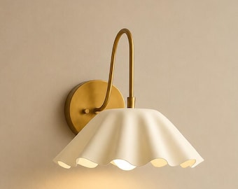 Modern Brass Wall Sconce, Scalloped Fabric Shade, Mid-Century Bedside Lamp, Handmade Lighting