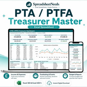 May include: A digital PTA/PTFA Treasurer Master Excel spreadsheet displayed on a laptop and smartphone screen. The dashboard features financial tables, line charts for income versus expenditure, and transaction lists in teal and white.