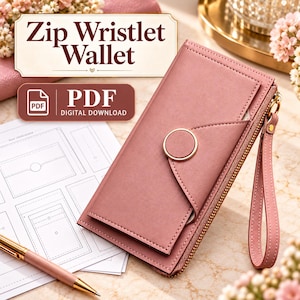 Op de afbeelding: Een oudroze portemonnee met ritssluiting en bijpassende polsband, voorzien van een goudkleurige ring op de voorflap en een rits aan de zijkant. De afbeelding bevat de tekst Zip Wristlet Wallet en PDF Digital Download.