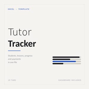 May include: An Excel template titled Tutor Tracker with text indicating it tracks students, lessons, progress, and payments in one file. The design features a blue line, 10 tabs, a dashboard included, and a graphic of four horizontal progress bars.