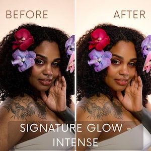 Könnte beinhalten: Ein Vorher-Nachher-Vergleich mit der Beschriftung BEFORE und AFTER zeigt eine Person mit dunklem, lockigem Haar, das mit roten, violetten und rosafarbenen Orchideen-Haarspangen verziert ist. Der Text SIGNATURE GLOW - INTENSE steht unten.