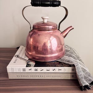 Vintage Copper Tea Kettle, 1950s Brass Accents, Ceramic Knob, Mid Century Kitchen Decor