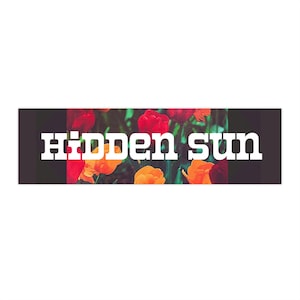 May include: A rectangular graphic design featuring the white text HIDDEN SUN in a bold, slab-serif font. The text is layered over a central image of vibrant red and orange tulip flowers, framed by solid black vertical bars on both sides.