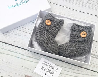 pregnancy announcement booties, going to be a granny, baby reveal, crochet baby booties, pregnancy news
