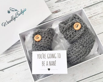 pregnancy reveal booties, you're going to be a nan, baby announcement, crochet baby booties, grandma to be, new baby, newborn shoes