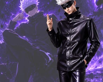 May include: A black long-sleeved jacket and matching trousers with a glossy finish. The outfit features a high collar and a front button closure. The wearer has spiky white hair and wears a black blindfold over the eyes, posing with fingers raised.
