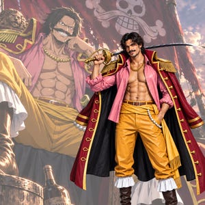 May include: A character illustration featuring a person with dark hair and a mustache, wearing a pink button-down shirt, yellow trousers, and a long red coat with gold trim. The character holds a sword over their shoulder and wears a gold chain.