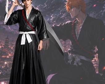May include: A black kimono-style robe with a white collar and a white waist sash. The garment features a red decorative trim along the chest and wide sleeves. A large sword with a white handle and white cloth ribbon is held over the shoulder.