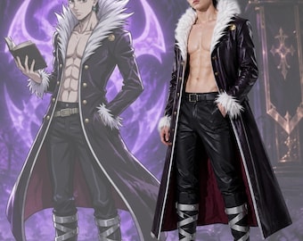 May include: A long black coat with a white faux fur collar and cuffs, worn over black trousers and black boots with silver straps. The coat features gold buttons and a dark red lining. This outfit replicates a specific character costume design.