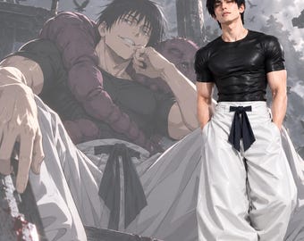 May include: A person wearing a black short-sleeved t-shirt and loose-fitting white trousers with a black waist tie. The outfit is presented against a backdrop featuring an illustrated character with dark hair wearing a similar black shirt and white pants.