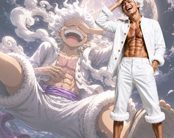 May include: A white long-sleeved jacket with gold buttons and white cropped trousers with fuzzy cuffs. The outfit features a large, stylized illustration of a laughing character with white hair, a white outfit, and a purple sash against a moonlit sky.