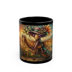 May include: A black ceramic mug featuring a colorful illustration of a praying mantis wearing a wide-brimmed hat adorned with feathers and gears. The insect has large purple eyes and is set against a stained-glass style background with warm tones.