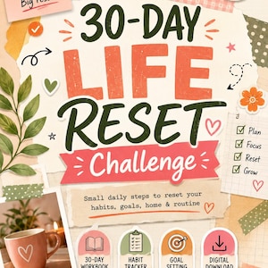 Może przedstawiać: Cyfrowy planer 30-Day Life Reset Challenge w stylu kolażu z tekstem EasySpark Studio, Small steps, Big reset!, You got this! oraz Reset. Refresh. Realign. You. Zawiera ikony zeszytu ćwiczeń, śledzenia nawyków oraz wyznaczania celów.