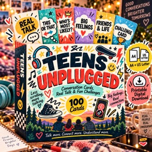 May include: A Teens Unplugged card game box featuring 100 conversation cards with categories like Real Talk, This or That, and Big Feelings. The box displays colourful graphics of a sneaker, skateboard, and headphones, with the text Less scrolling, more talking and Big feelings. Real connection printed on the front.
