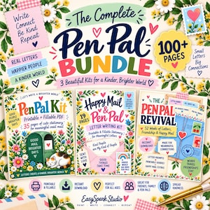 Op de afbeelding: Een digitaal pakket getiteld The Complete Pen Pal Bundle met drie kits: Pen Pal Kit, Happy Mail & Pen Pal, en The Pen Pal Revival. Het ontwerp bevat bloemenranden, hartjes en tekst die promotie maakt voor printbaar briefpapier en brieven schrijven.