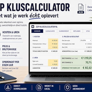May include: A laptop screen displays the ZZP KLUSCALCULATOR software interface, featuring a dashboard with sections for costs, hours, and profit margins. The screen shows financial data in Euros, including material costs, hourly rates, and total margins.