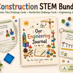 May include: A Construction STEM Bundle featuring a spiral-bound Our Engineering Journal, stacks of Magnetic Tiles Challenge Cards, and Marble Run Challenge Cards. The journal cover displays illustrations of building blocks, a crane, and tools.