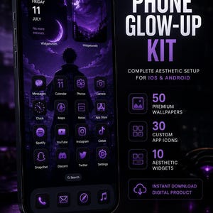 May include: A smartphone displaying a purple-themed interface with custom app icons and widgets. Text includes ANIME PHONE GLOW-UP KIT, 50 PREMIUM WALLPAPERS, 30 CUSTOM APP ICONS, 10 AESTHETIC WIDGETS, INSTANT DOWNLOAD DIGITAL PRODUCT, and TRANSFORM YOUR PHONE.