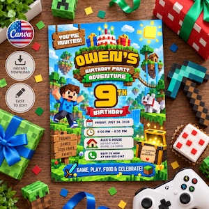 May include: A rectangular birthday party invitation card featuring a pixelated block-style theme with the text 'OWEN'S BIRTHDAY PARTY ADVENTURE 9TH BIRTHDAY', including event details for Friday, July 24, 2026, at 6:00 PM at Alex's House.