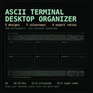 May include: A digital desktop organizer wallpaper featuring an ASCII terminal interface with a dark background and light green text. The layout includes six rectangular bays for icons, labeled with directory paths like /work, /media, and /archive.
