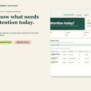 Pode incluir: Uma interface de painel digital intitulada Orderly Oak Studio Offline COI + License Tracker. O ecrã apresenta o texto Know what needs attention today, com secções para registos em falta, expirados e que expiram em breve.