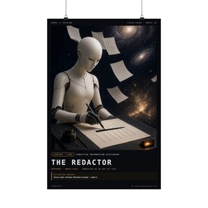 May include: A poster titled THE REDACTOR featuring a white humanoid robot writing on paper with a pen. Floating papers surround the figure against a dark space background with galaxies. Text includes MODEL // MACHINE, FIELD GUIDE, and SENSITIVE INFORMATION DISCLOSURE.